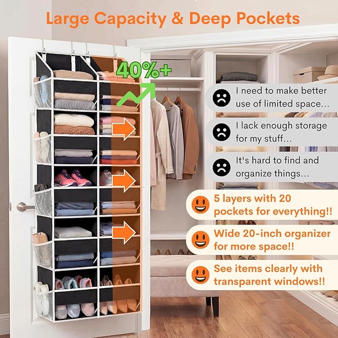 Over the Door Organizer 5 Tiers, Extra Large Behind Door Storage of 10 Compartments, 80 lbs Weight Capacity Hanging Storage O