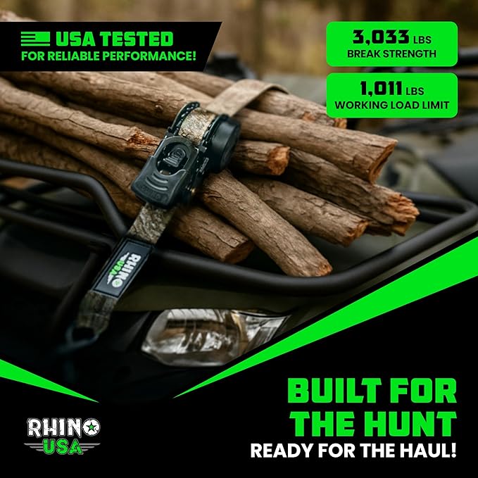 Rhino USA x Realtree Retractable Ratchet Straps (2PK) 2"x 9' (1,209lb Break Strength)- Heavy Duty Auto Self Retracting Tie Down Straps for Truck, Cargo Trailer, Motorcycle, ATV, UTV- Realtree APX Camo