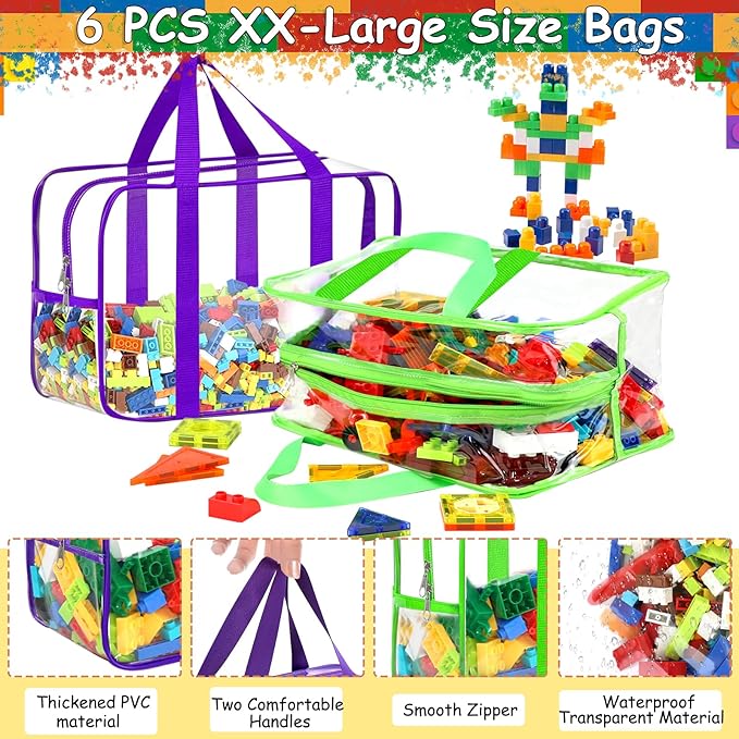 6 Color XXL Toy Storage Bags 16.5×11.8×6.8In with Labels, Large Capacity Reusable Clear PVC Storage Bags, Travel Waterproof O