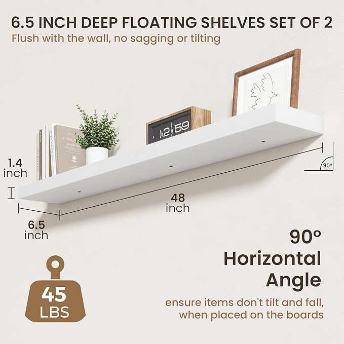 48 Inch Floating Shelves | 6.5 Inch Deep White Floating Shelves Set of 2 | 48" W x 6.5" D Rustic White Wood Wall Shelves with