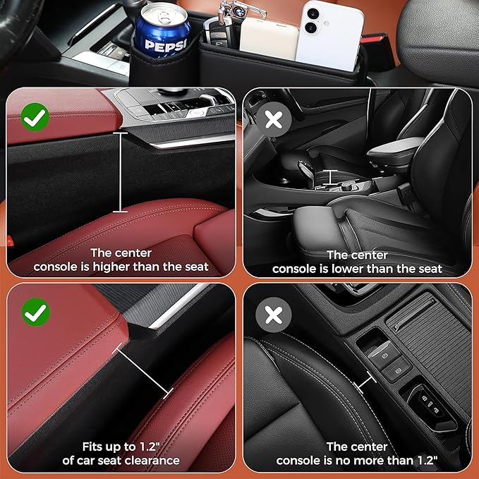 OUEST 2 Packs Car Seat Gap Filler Organizer, Car Seat Gap Storage Box with Cup Holder for Phone Drinks Glasses Keys