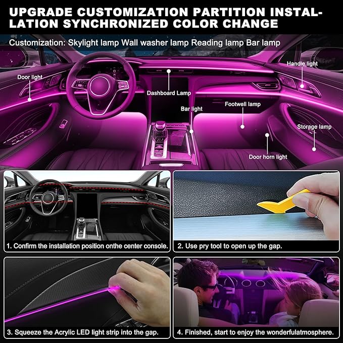 Acrylic Interior Car LED Strip Light with Wireless APP, RGB 18 in 1 with 175 inches 612 LEDs Fiber Optic Strip Lights for Car, Dual Zone Music Sync Neon Car Ambient Lighting Kits