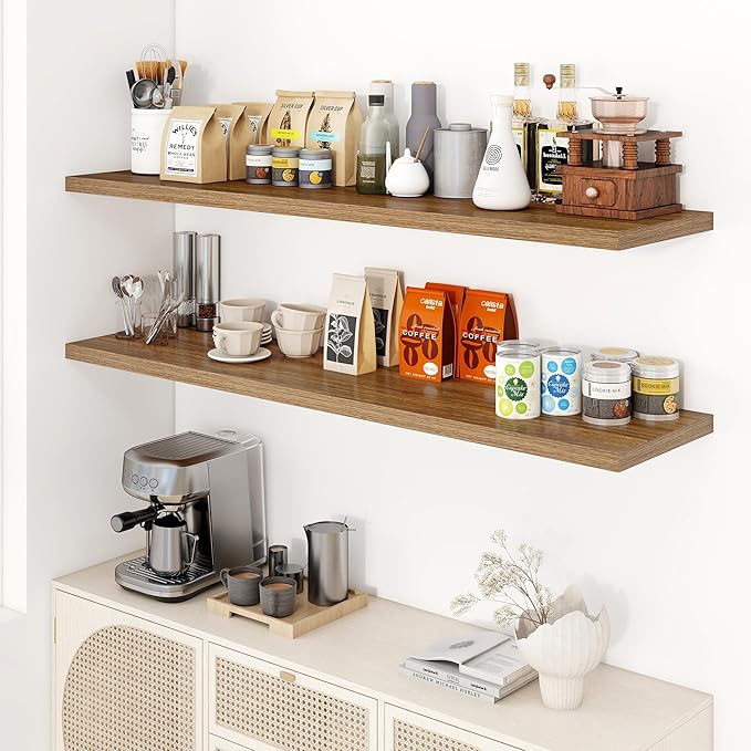 Dreamland 55" Floating Shelves for Wall, 12" Deep Slim Walnut Floating Shelves, Wall-Mounted Shelves for Bedroom, Living Room