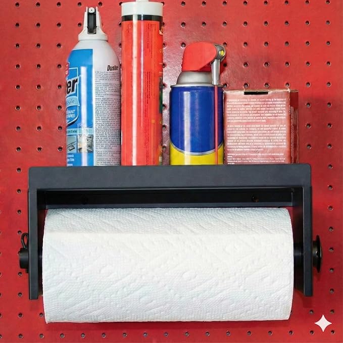 Pegboard Paper Towel Holder with Shelf, MADD Tools Black Pegboard Accessories Tool Holder Organizer, Peg Board Accessory Kit 
