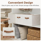 StorageWorks Foldable Storage Bins with PU Handles, Closet Storage Baskets, Fabric Bins for Clothes Storage, Ivory White, 3-P