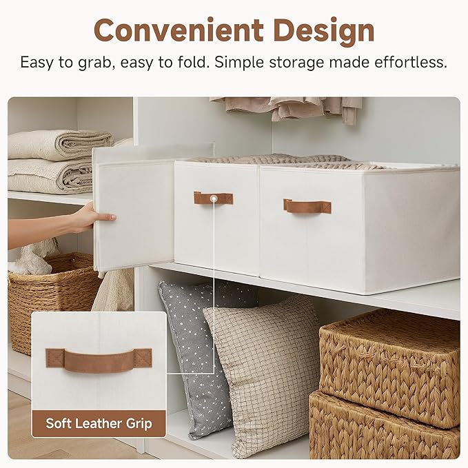 StorageWorks Foldable Storage Bins with PU Handles, Closet Storage Baskets, Fabric Bins for Clothes Storage, Ivory White, 3-P