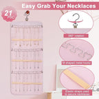 Dynoro Double-Sided Hanging Jewelry Organizer, Large Pink Storage Roll for Earrings, Necklaces, Rings, 48 Pockets 21 Hooks, D