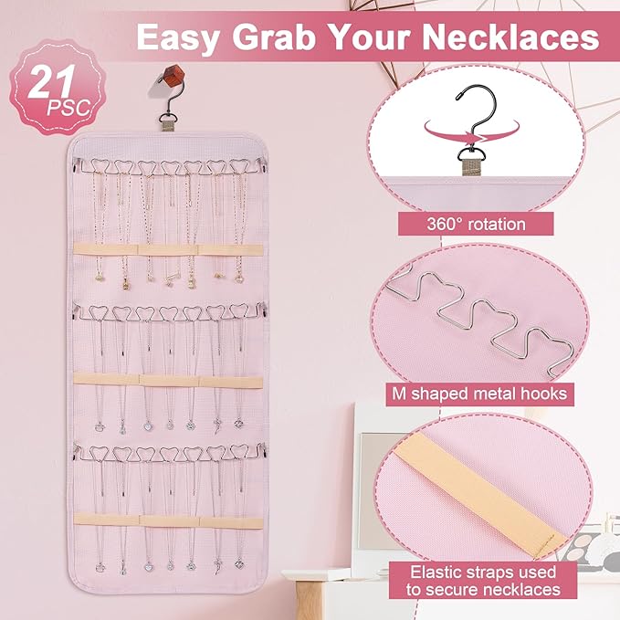 Dynoro Double-Sided Hanging Jewelry Organizer, Large Pink Storage Roll for Earrings, Necklaces, Rings, 48 Pockets 21 Hooks, D