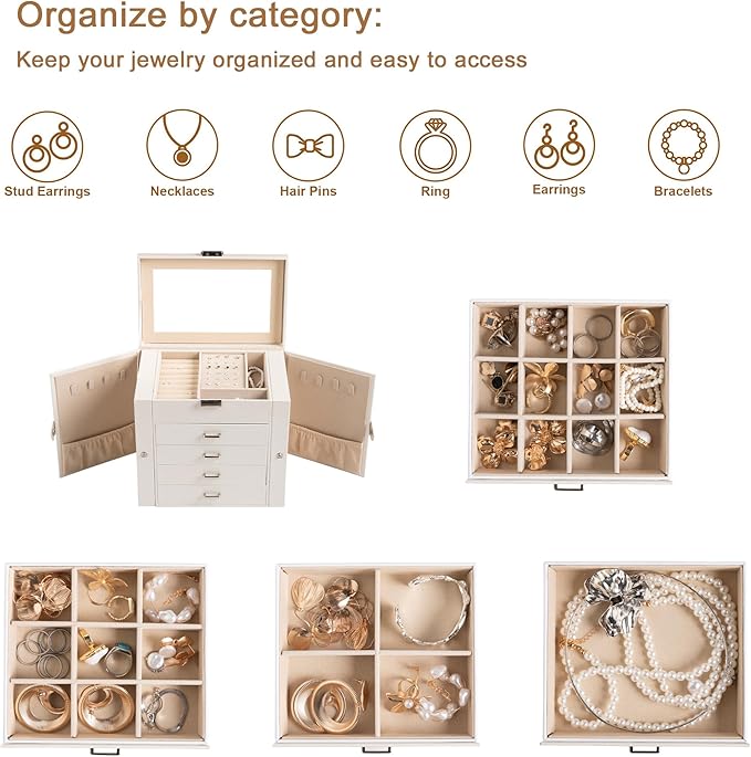 Frebeauty 5-layer Jewelry Box,Faux Leather Jewelry Organizer with 4 Drawers,Jewelry Organizers and Storage with Mirror,Jewelr