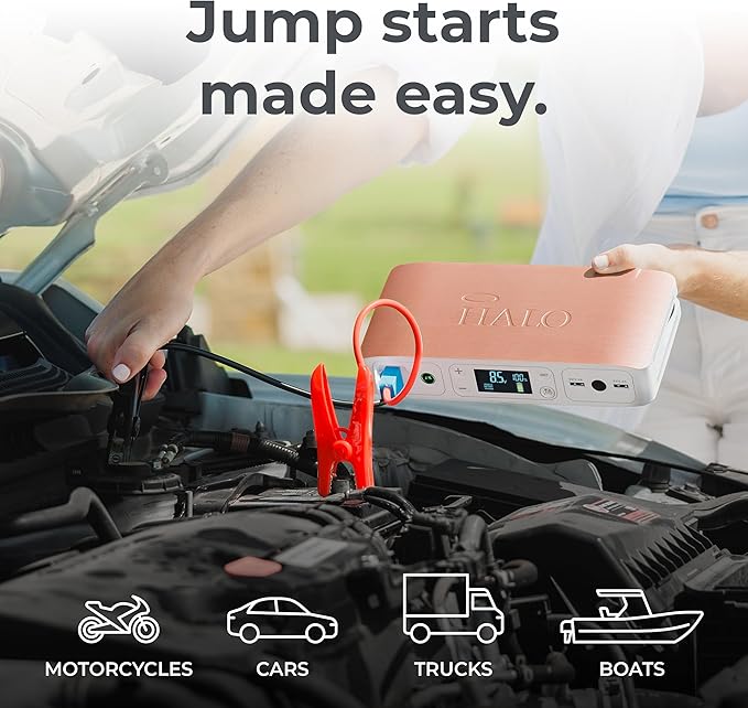HALO Bolt Air 58830 Portable Car Battery Jump Starter | 100 PSI Air Compressor, 58.8Wh USB Power Bank, Emergency Floodlight