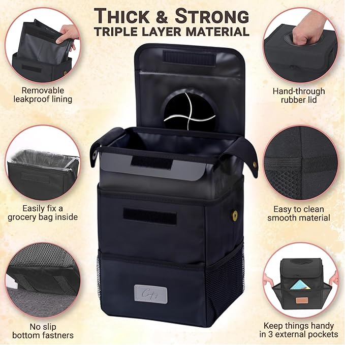 Creathing Car Trash Can [Touring Edition] - Removable Liner - 100% Leakproof, Odor Control Lid, Hanging Garbage Bin for SUV, Truck, Car (2 Gal, Black)