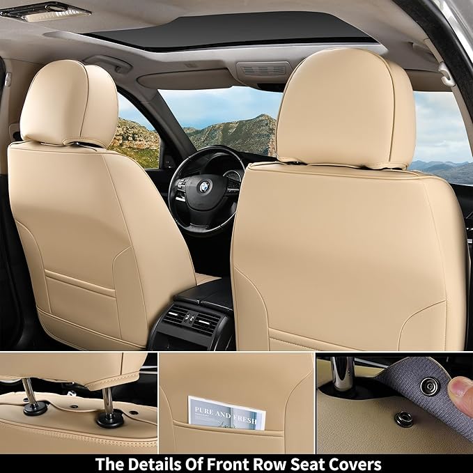 Coverado Beige Nappa Leather Car Seat Covers, Universal Fit Front Seats, 2-Pack Waterproof Seat Covers, Perforated Faux Leath