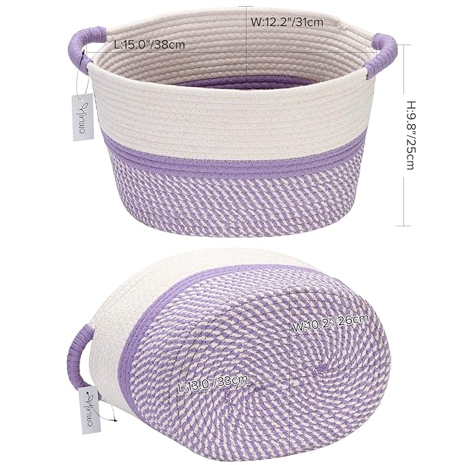 Hinwo Oval Cotton Rope Storage Basket Collapsible Nursery Storage Box Container Organizer with Handles, 13 x 10 inches, Off W
