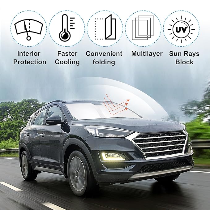 Front Windshield Sun Shade Foldable Car Front Window Sun Shade Windshield Shade Custom Fit for 2016-2021 Hyundai Tucson Block UV Rays Car Accessories Heat Keep Cooler