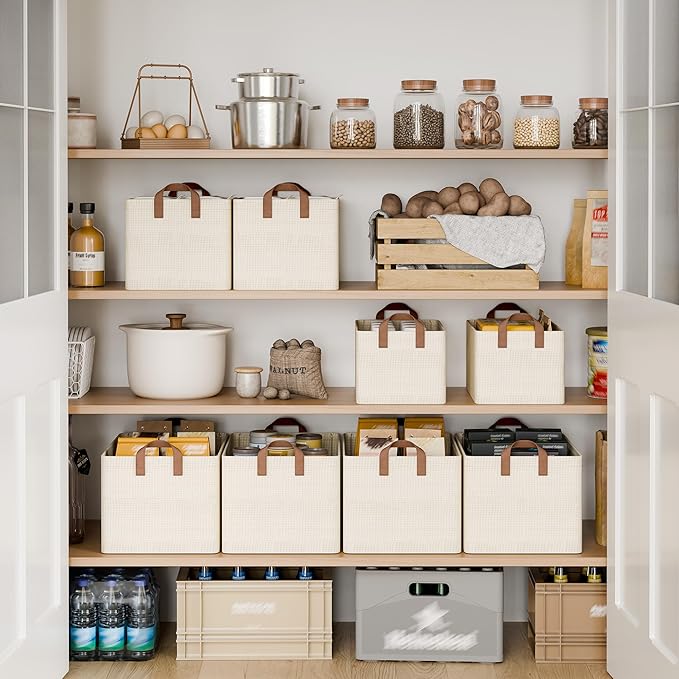 StorageWorks Storage Bins, Shelves Baskets for Organizing, Fabric Closet Organizers with Handles, Metal Frame, Beige-Texture,
