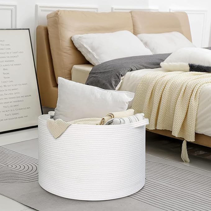 MEGASKET White Cotton Rope Storage Basket, 22" X 22" X 14" Extra Large Blanket Storage Living Room, XL Soft Toy Bin for Organ