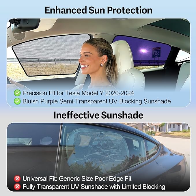 ZATOOTO Tesla Model Y Car Window Shades 4Pack | Clear for Safe Driving | Bluish-Purple for Passenger Comfort | UV Protection | Static Cling Side Window Sun Shade Blocker with Storage Bag | 2020-2024 |