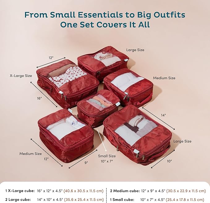 6-Pack Large Compression Packing Cubes for Travel - Lightweight Compression Packing Cube Set, Water-Resistant Luggage Organiz
