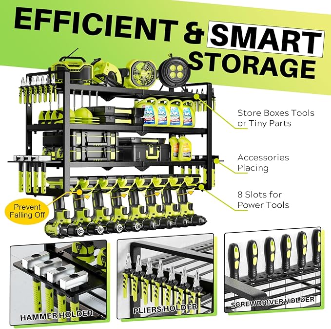 Large Power Tool Organizer Wall Mount, Garage Storage Cordless Tool Organizer with Screwdriver Holder, Heavy Duty Metal Stora