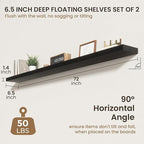 72 Inch Floating Shelves | 6.5 Inch Deep Black Floating Shelves Set of 2 | 72" W x 6.5" D Rustic Black Wood Wall Shelves with