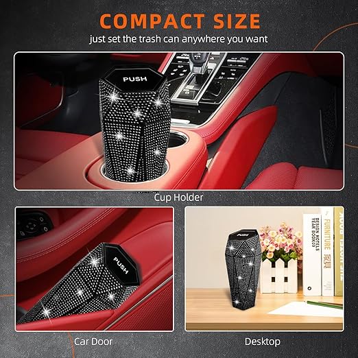 NBTEPEM 2 PCS Bling Car Trash Can with Lid, Bling Car Accessories Trash Bin, Leakproof Auto Garbage Can with 60 Trash Bags, Multipurpose Organizers and Storage for Home, Office (Black Diamond)