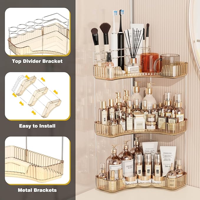 Asayuee 3-Tier Corner Bathroom Counter Organizer with Top Toothbrush Holders,Large Makeup Organizer Countertop with Brush Hol