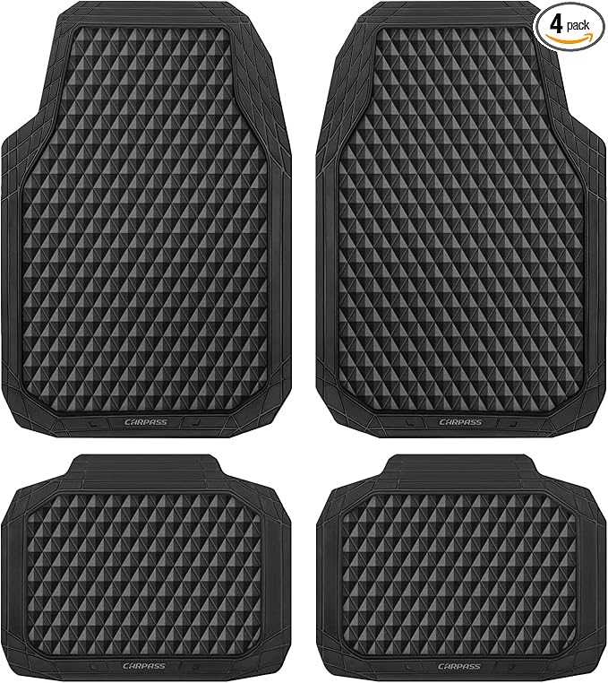 CAR PASS Black Rubber Car Mats, All-Weather Floor Mats Full Set Durable Anti-Slip 3D Rhombus Waterproof Automotive Pad Trim to Fit Liner Universal Fit for Sedan SUV Truck Van, 4 Pcs All Black Rubber