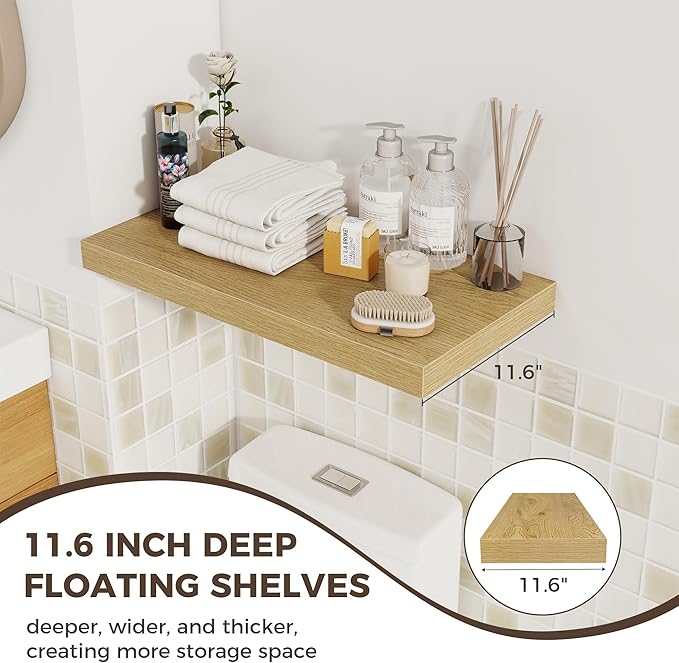 Fun Memories 24 x 12 Inch Deep Floating Shelves, 12 Inch Deep Rustic Wooden Book Shelf, Extra Deeper & Thicker Hanging Shelve