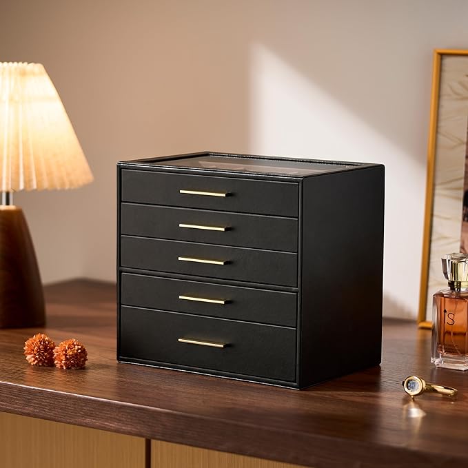 pickpiff Jewelry Box Organizer Case for Women: 5-Layer Jewelry Storage Case with Glass Window, Black Leather with Blush Velve