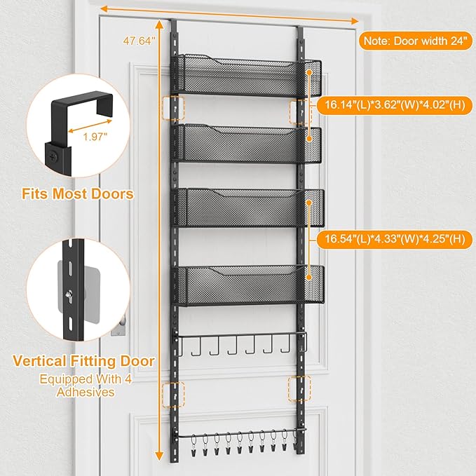Over the Door Organizer, 2 in 1 Metal Hanging Closet Organizer & Hat Rack with 4 Adjustable Baskets, 8 Hooks, 10 Clips, Behin