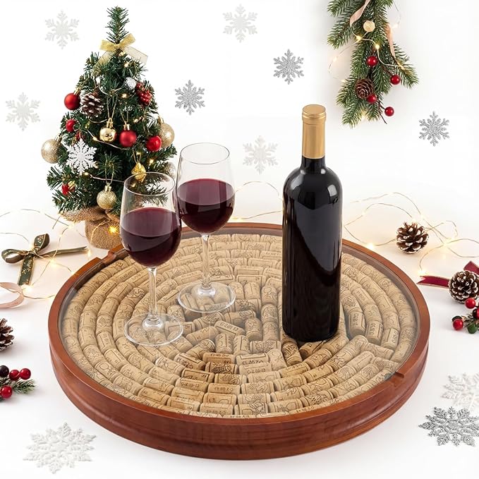 Maxdot Wine Cork Holder Decorative Wine Lover Creative Wedding Gifts for Couples Wooden Lazy Susan for Countertop with Glass 