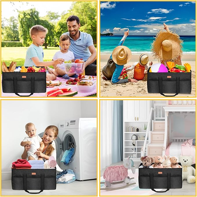 LHZK Stand Up Extra Large Utility Tote Bag with Lid, Utility Tote Bag with Metal Wire Frame and the Sides Rinforced, Reusable