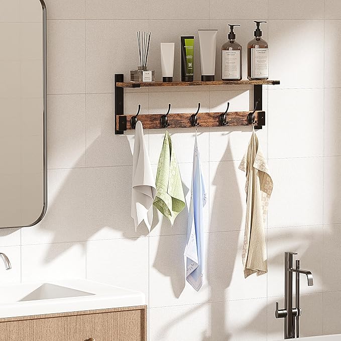 Oraich Coat Rack Wall Mount with Hooks and Shelf for Coat, Backpack, Key, Clothes Hanger, Wall Floating Shelf for Entryway, L