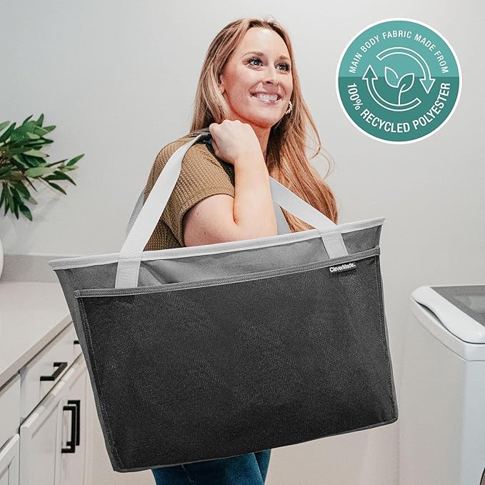 CleverMade Collapsible Tote Basket MAX (64L) – Extra Large Foldable Carry-All Storage Bin with Front Pocket, 60 lb Capacity L