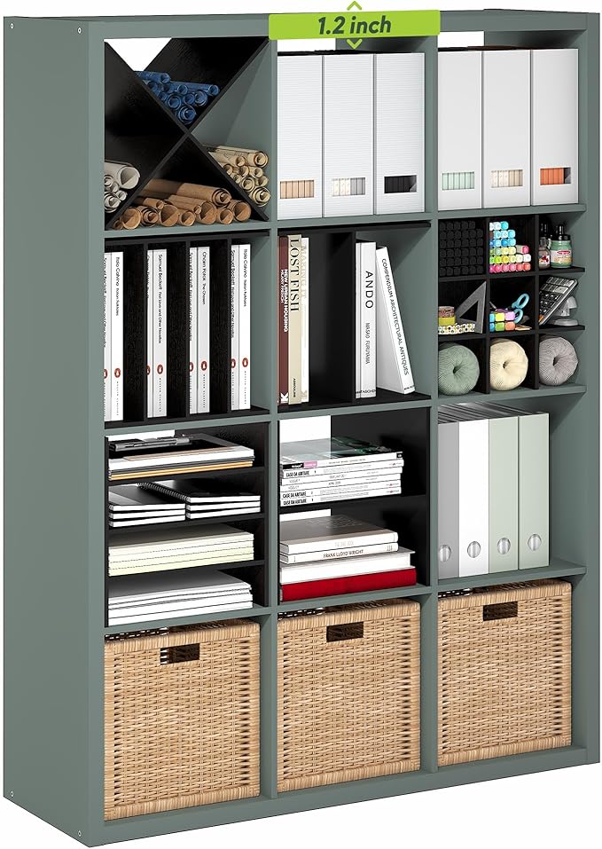 Furinno Cubicle Book Shelf, 12-Cube Bookshelf, Extra Thick Frame Reversible Bookcase with Open Back, 14.6" x 44" x 58", for L