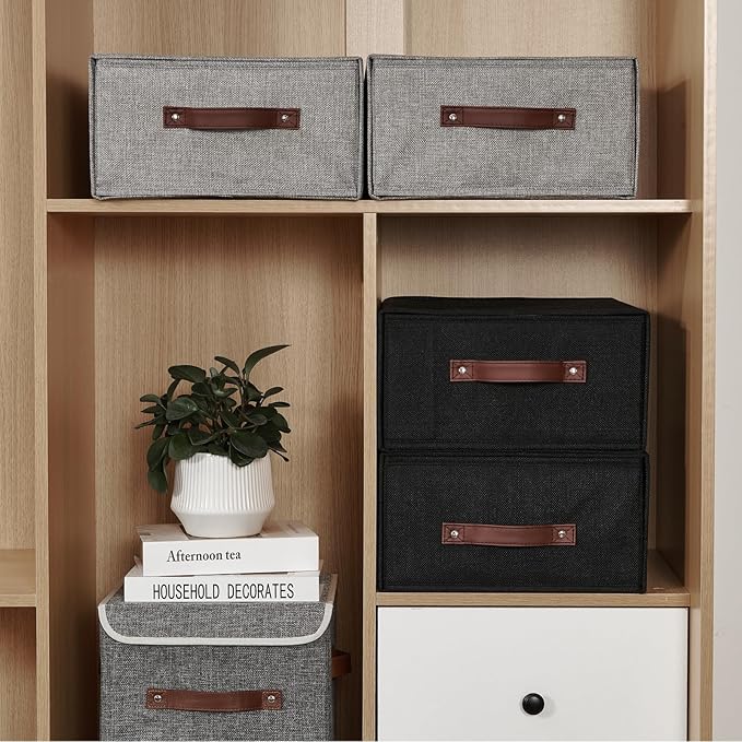 Closet Drawer Organizer Stackable Fabric Storage Boxes Bins Baskets with Lid PU Leather Handles Foldable Washable Cotton Line