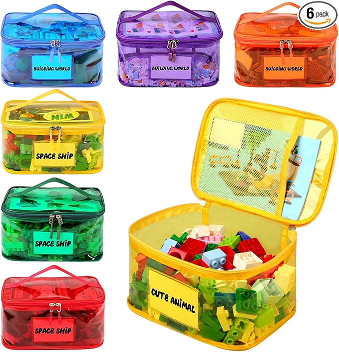 Tesuko 6 Pack Clear Toy Storage Bag with Name Tag& Manual Pocket, Waterproof Transparent PVC Toy Organizer Case for Lego Bric