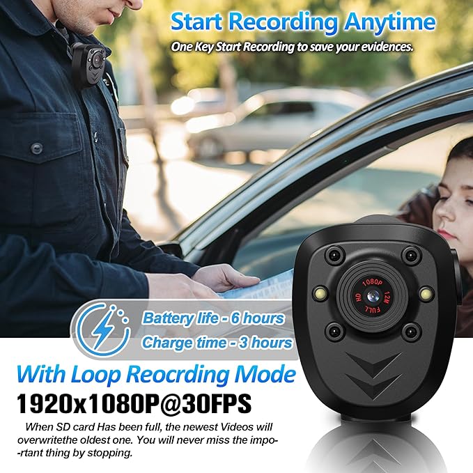 Mini Body Camera Video Recorder Built-in 128GB Card with Night Vision IR & Loop Record HD 1080P, 6 HR Battery Life Police Cam for Outdoor, Law Enforcement, Security Guard (128G With Magnetic Lanyard)