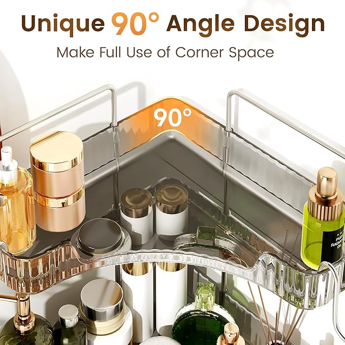 Corner Counter Organizer, 2-Tier Bathroom & Kitchen Storage Tray with Hooks | Clear Vanity Organizer for Skincare, Makeup & J