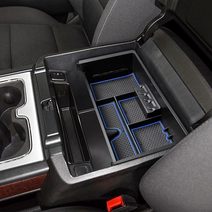EDBETOS Center Console Organizer Tray Compatible with GMC Sierra 1500 Accessories/Silverado 1500 2014-2018 / Silverado 2500/3500 HD 15-19 /Suburban/Tahoe/Yukon 15-20 Armrest Storage Box (Blue Trim)