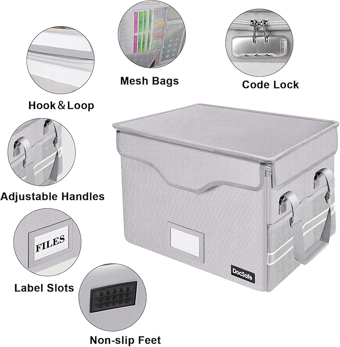 DocSafe Fireproof Document Box with Lock,File Storage Organizer with Zipper Pockets,Collapsible Portable File Box Home Office