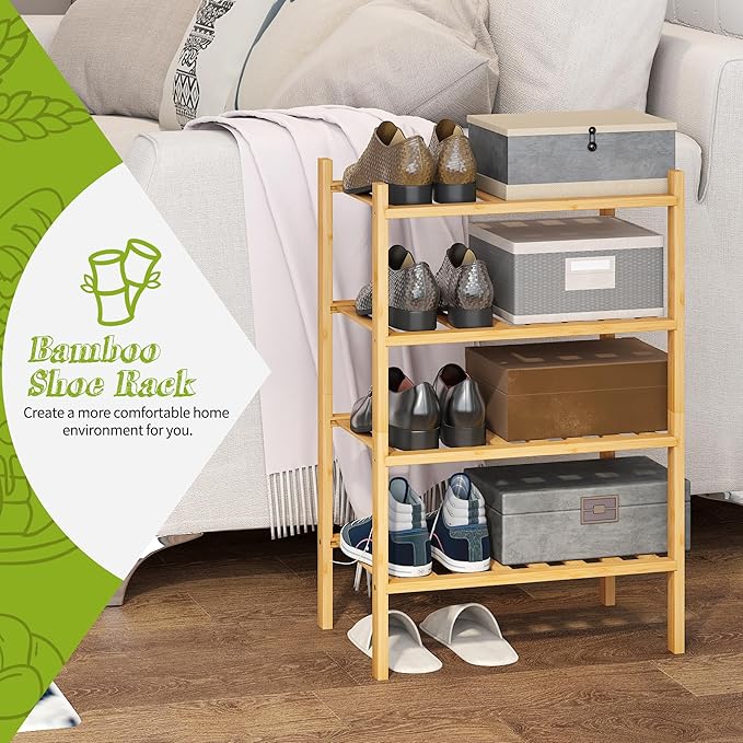 BMOSU 4-Tier Bamboo Small Shoe Rack Premium Stackable Shoe Shelf Storage Organizer for Hallway Closet Living Room Entryway Or