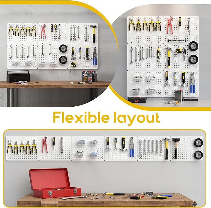 Peg Board for Tools, 6 Pack Metal Pegboard Wall Organizer with Hooks,16"×12" White Pegboard Panels for Walls Home, Garage Too