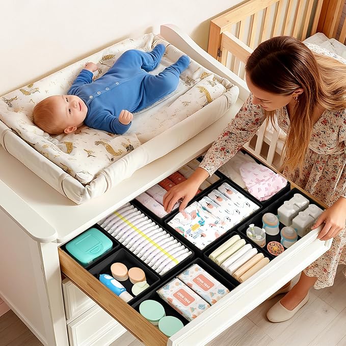 DIMJ Drawer Organizers Clothes, Set of 16 Dresser Organizer Bins, Fabric Closet Organizers and Storage, Shallow Drawer Divide