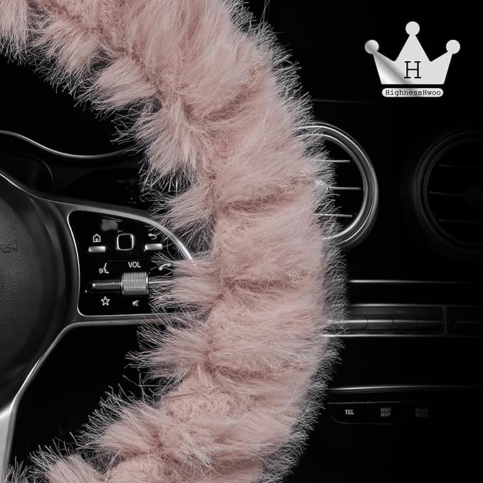 Fuzzy Winter Steering Wheel Covers for Women, Warm Cute Fluffy Car Wheel Cover for F150, Trucks, Jeep, Van, Soft Furry Auto Plush Large Car Handle Cover for Cold Weather, 15.2-16in, Pink