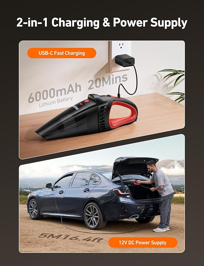 AstroAI Handheld Car Vacuum Cordless with Accessories, Portable Vacuum Cleaner with 12V DC Power, LED Light, Brush, Extended 