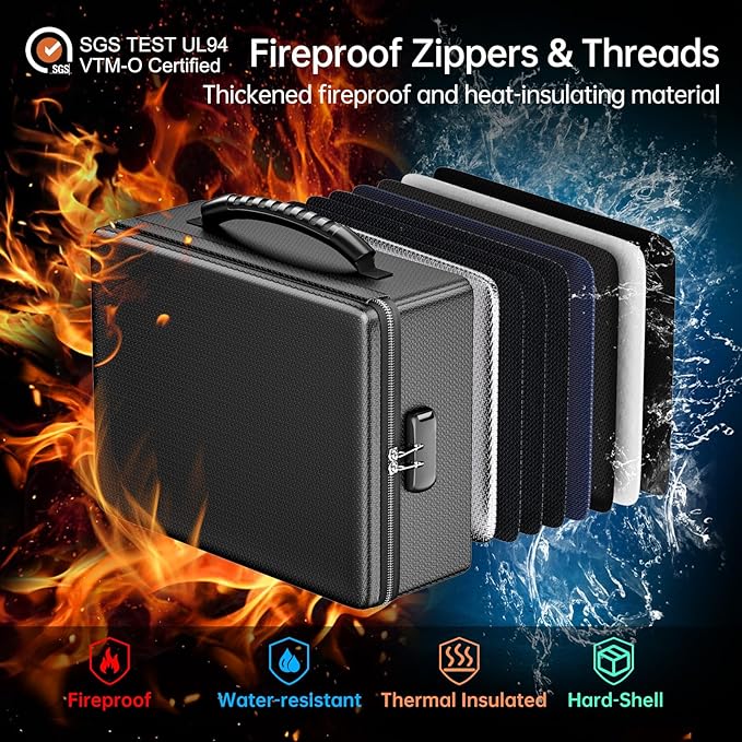 ENGPOW Fireproof Document Box with Lock, Fireproof Water Resistant Heat Insulated Safe Box Hard Case with Fireproof Zipper, P
