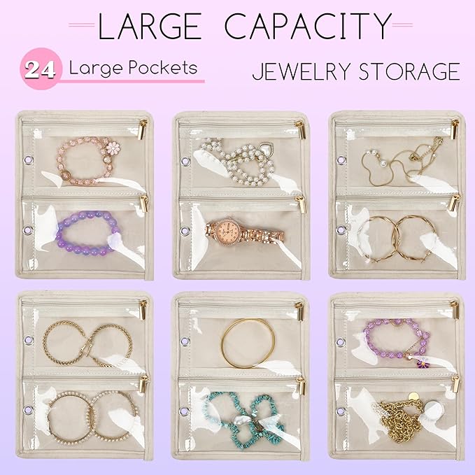Travel Jewelry Organizer Case,Jewelry Bags for Traveling, Jewelry Binder with 24 Pcs Clear Zipper Velvet Pouches for Storing 