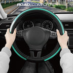 Road Comforts Leather Steering Wheel Cover – Black & Green Universal Fit 14.5-15 Inch, Microfiber Leather, Anti-Slip & Breath