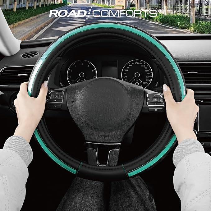 Road Comforts Leather Steering Wheel Cover – Black & Green Universal Fit 14.5-15 Inch, Microfiber Leather, Anti-Slip & Breath